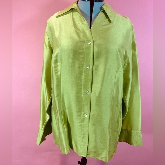 Robbie Bee vintage silk shantung button blouse Y2K chartreuse green 1X - Picture 1 of 11